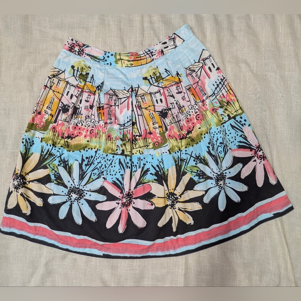 I.E. Whimsical Village & Floral Print Cotton Skirt - Size 12